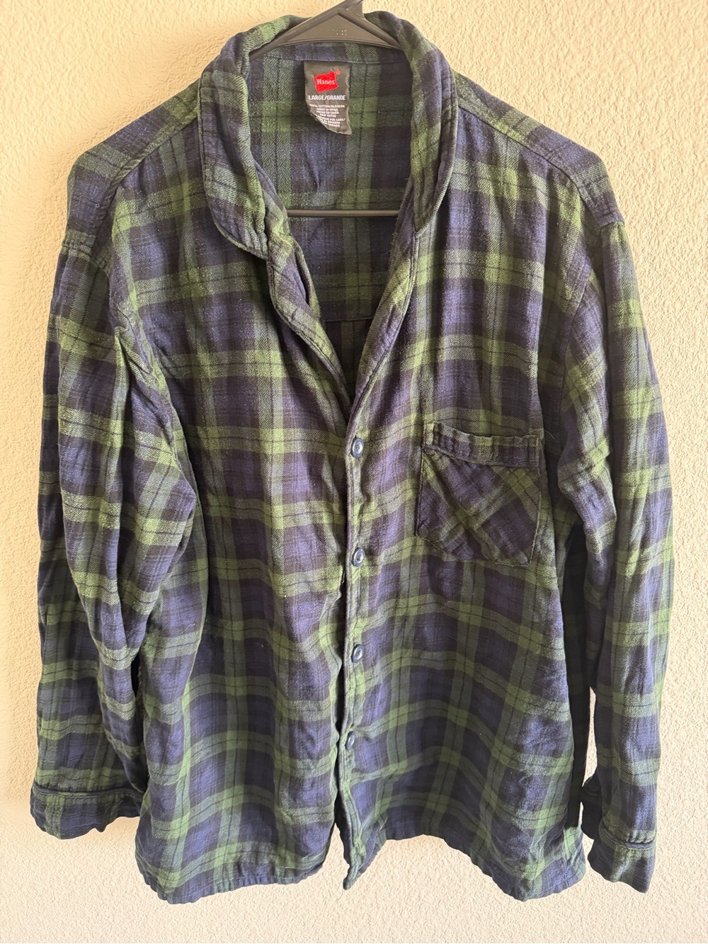 Hanes Blue and Green Plaid Button-Down Shirt And Matching Bottoms Size Large